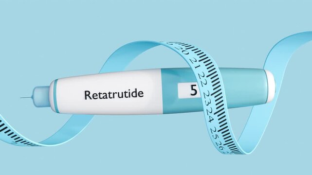 A 3D injector pen labeled "Retatrutide"&nbsp; floats with a zero-gravity bobbing motion while the flexible measuring tape spins continuously around it in a smooth looping sequence.