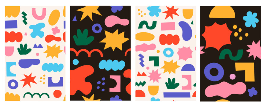 Seamless pattern set shapes and doodles. Cute naive symbols, squiggles and colorful geometric elements.  Vector
