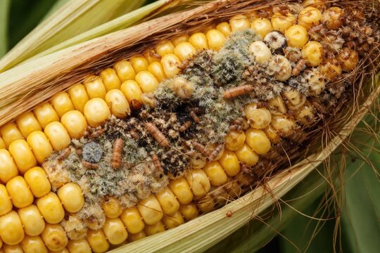 Damaged Corn Cob Infested with Insects and Mold Closeup on Green Background