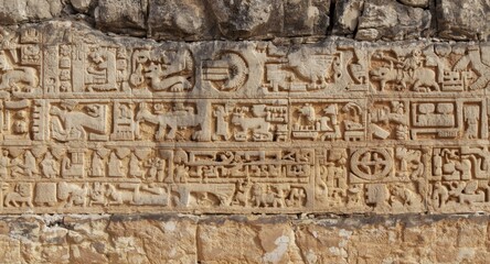 Obraz premium Ancient Stone Wall Carving with Hieroglyphics and Symbols