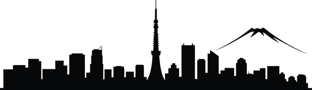 Tokyo city skyline silhouette with tall communication tower and iconic mountain peak, minimalist urban cityscape black shape vector