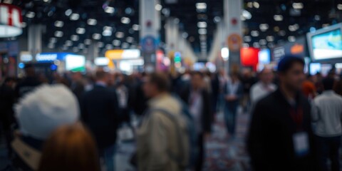 Obraz premium Busy Convention Center with Crowd and Blurred Background Displays
