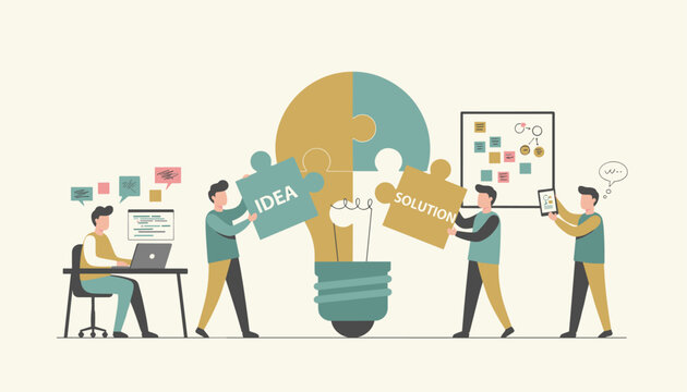 Creative brainstorming concept showing a team of professionals putting together puzzle pieces of a light bulb labeled idea and solution.