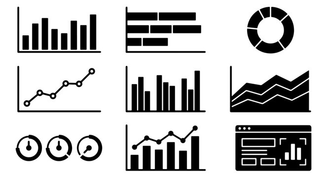 70 Vector Icons: Bar Charts, Line Graphs, Pie Chart, Dashboard Interface, Performance Gauges, Data Visualization Elements 100