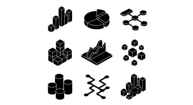 70 Isometric Data Visualization Icons, Business Analytics Charts, Financial Graphs, Network Diagrams, 9 Vector Elements for Digital Presentation and Infographic Design 100