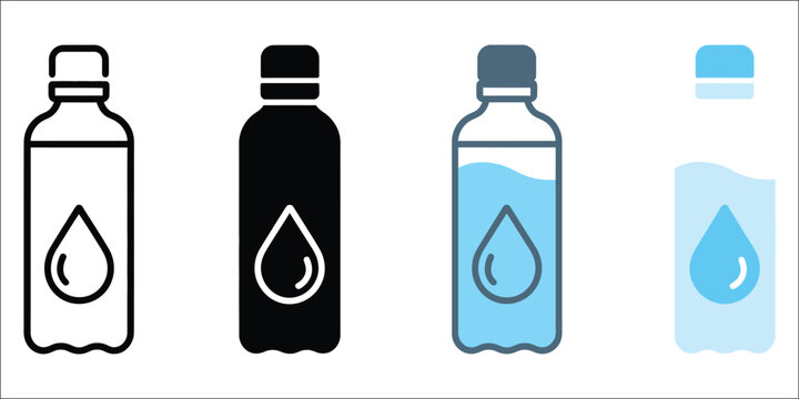 Water bottle icon set with hydration symbols, drinking water containers, beverage packaging graphics, reusable bottles, and clean app interface elements, vector, designs