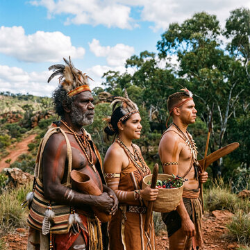 Indigenous Australian people in traditional attire, natural landscape, cultural heritage