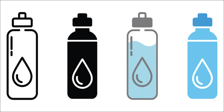 Water bottle icon set with hydration symbols, drinking water containers, beverage packaging graphics, reusable bottles, and clean app interface elements, vector, designs