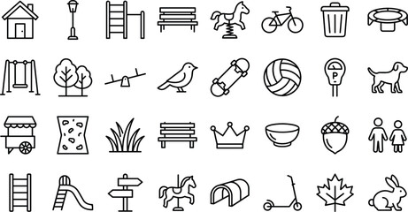 Urban public park and kids playground activities linear icons collection set with outdoor recreation and leisure outline symbols © Afroja