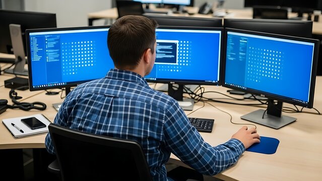 Man in a blue plaid shirt sitting at a desk and working on three computer monitors displaying software code and grid patterns in an office