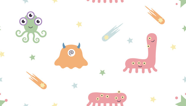 Seamless cartoon pattern of funny space monsters and friendly aliens with shooting stars on a white background.