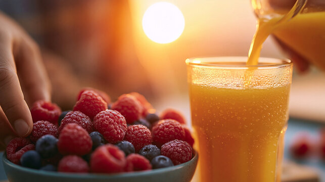 pouring orange juice into glass next to bowl of berries at sunrise.
