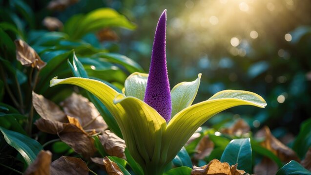 Close-up photograph of elephant foot yam in flowering stage, captured during summer evening.