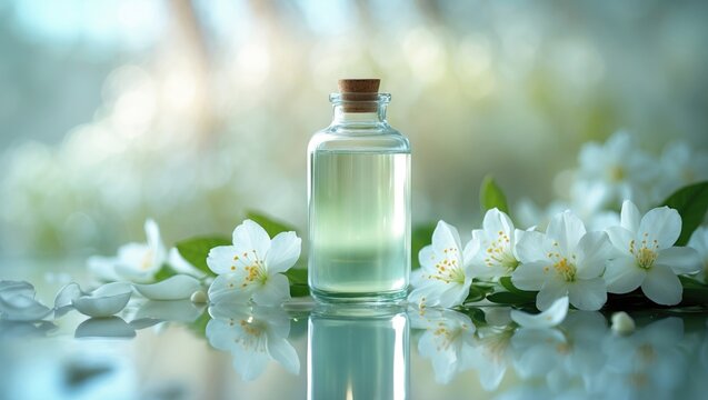 Spa massage oil adorned with spring blooming branches, featuring a special blend of essential oils; an exclusive and luxurious product