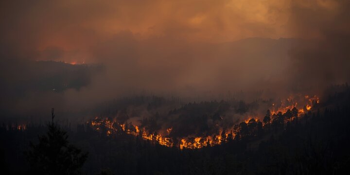 Forest Fire Burning in a Smoky Landscape at Dusk
