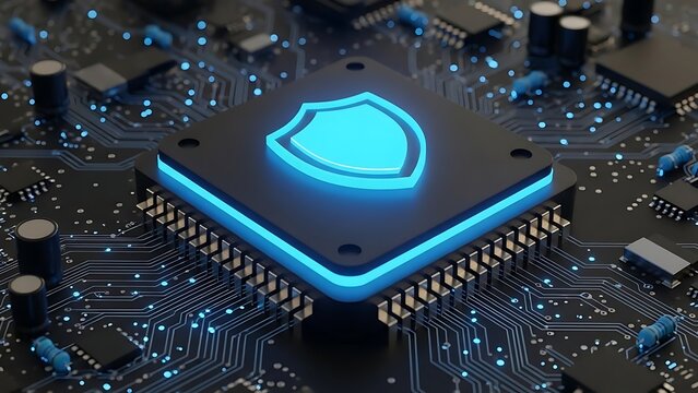 Glowing blue shield on a central computer processor chip, mounted on a dark printed circuit board with integrated electronic components