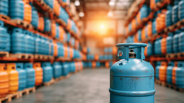 Single blue gas cylinder standing in foreground of warehouse filled with stacked gas containers.