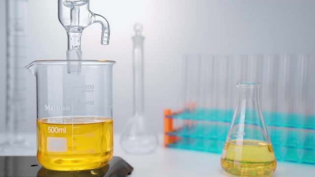 Macro video of glass distillation apparatus dropping golden clear and pink liquid into beaker, science lab medical research or cosmetic skincare serum test