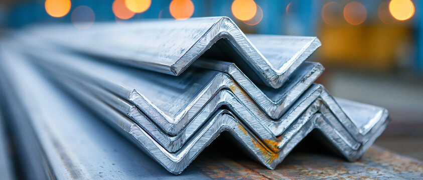 Stack of industrial steel angle bars in warehouse for construction and manufacturing engineering projects.