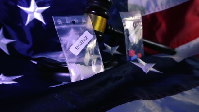 Still life composition featuring a judge's gavel and evidence bags containing drugs. Such as cocaine and ecstasy pills. Resting on the United States flag