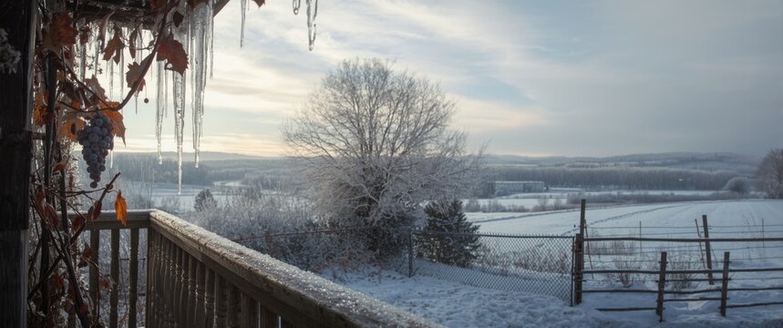 Winter Landscape with Icicles and Frosty Trees Overlooking a Snowy Field