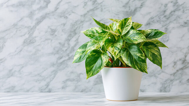 Variegated pothos houseplant in white ceramic pot placed on marble surface.