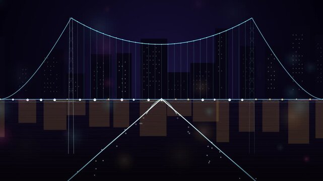 Futuristic digital animation of a suspension bridge at night with glowing network traffic and city skyline.