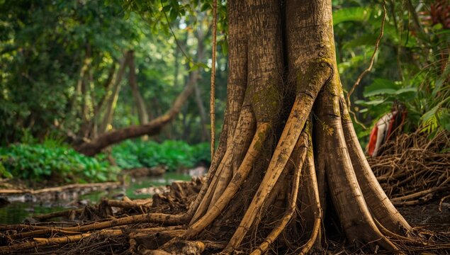 Large Tree Trunk with Exposed Roots near a Serene Stream in Lush Forest Setting