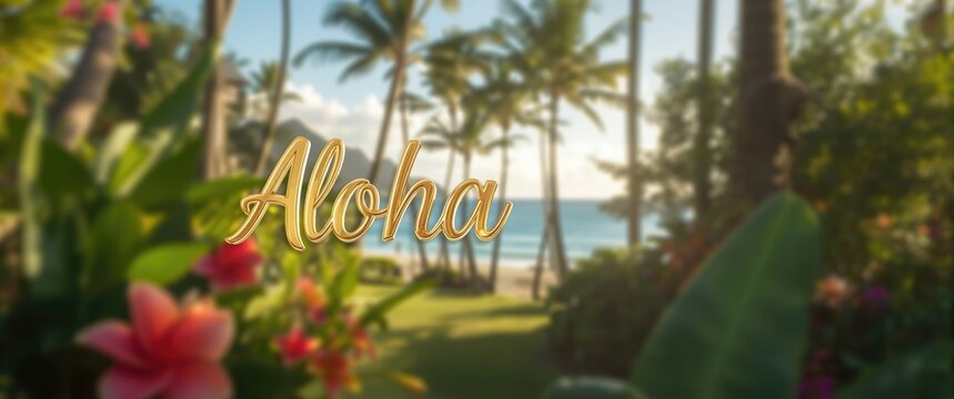 Tropical Landscape with Aloha Text Against Beach and Palm Trees in Soft Light