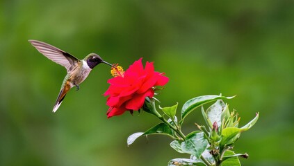 Fototapeta premium Hummingbird Hovering near Red Flower in Lush Green Background