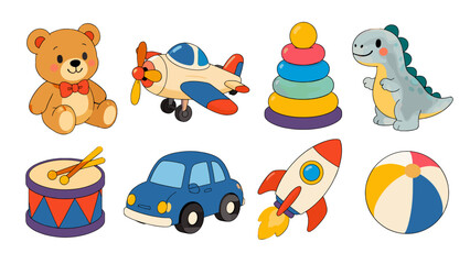 Fototapeta premium Cute cartoon toy set with teddy bear, plane, rocket and ball