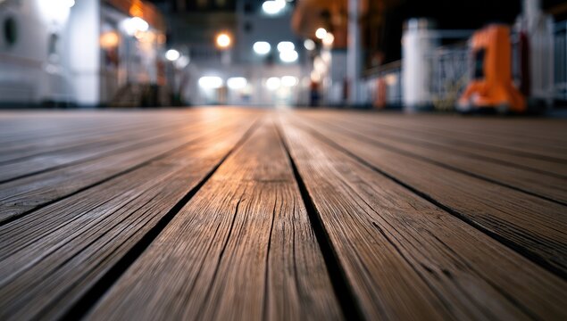 Close-up of weathered wooden ship deck at night, lights glow