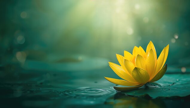Yellow Water Lily Floating on a Calm Pond with Soft Sunlight