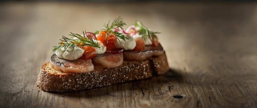 Gourmet Open-Faced Sandwich with Smoked Fish and Cream on Rustic Wooden Table