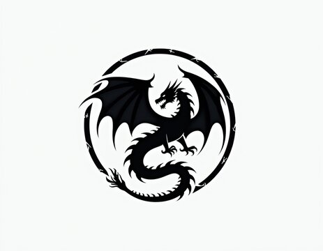 Black dragon silhouette inside circular frame on white background. Minimalist mythical creature logo design with wings, scales. Modern graphic emblem for gaming brand identity fantasy art project.
