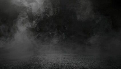 Fototapeta premium Mysterious Dark Scene with Smoke and Concrete Floor Texture
