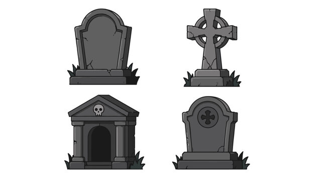 Set of cartoon gravestones and mausoleum on white background
