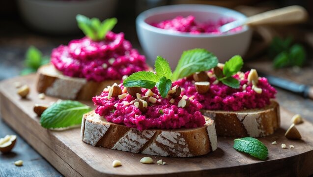 Vertical wooden board of bread slices topped with beetroot hummus on a white wooden background