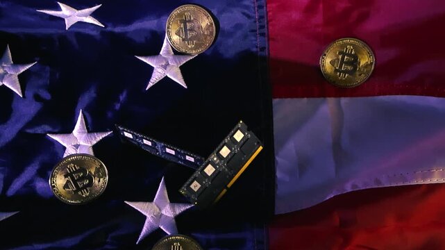 Golden bitcoin coins and computer memory chips laying on the American flag, symbolizing the intersection of national economy, cryptocurrency regulation, and technological innovation in the USA