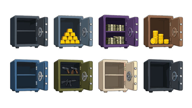 Set of open safes with gold, cash, coins, weapons and empty shelves