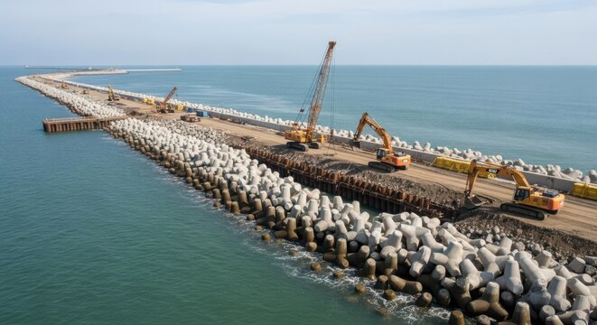 Coastal breakwater construction project with heavy machinery at work on a sunny day