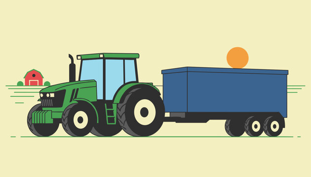 Green agricultural tractor pulling blue cargo trailer carrying large orange harvest bale across rural field.