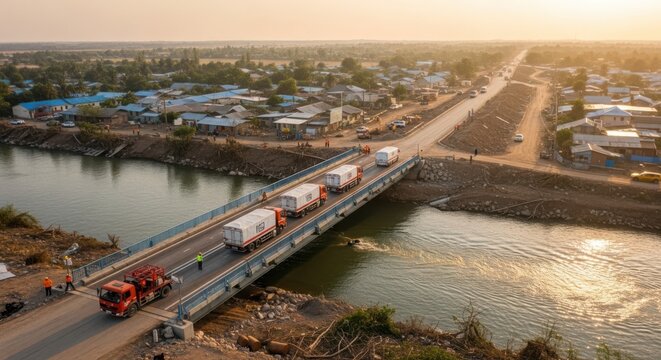 Commercial trucks cross a new temporary bridge over a river, connecting a developing town during golden hour.