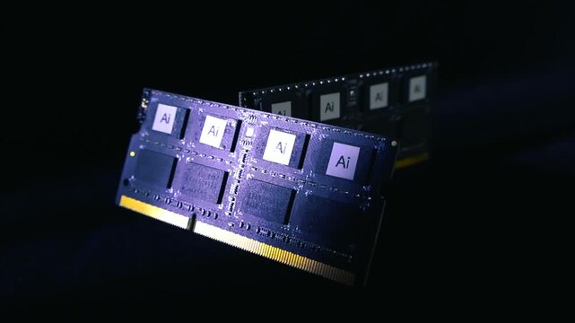 Futuristic artificial intelligence computer memory modules or RAM sticks floating and rotating on a black background, representing the concept of advanced technology and innovation in hardware