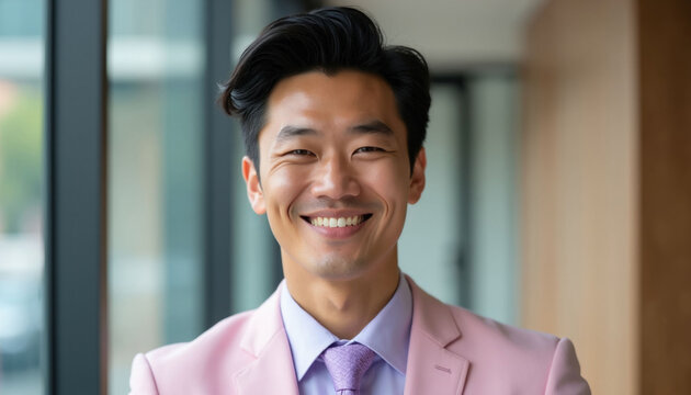 Asian man in pink suit and purple tie smiles. He shows confidence and style, representing modern individuality and diversity in business. Authentic, vibrant look.