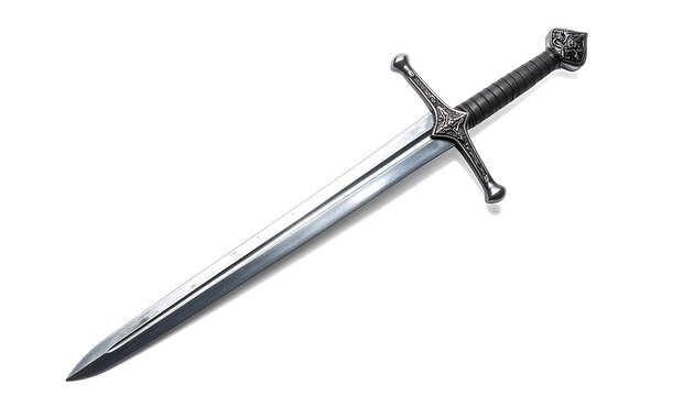 Realistic medieval longsword featuring a polished steel blade with metallic shine and traditional craftsmanship, isolated on a pure white background.