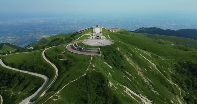 Cima Grappa And Sacello della Madonna delle Genti Venete In Treviso, Italy. - aerial pushin shot