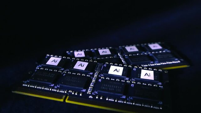 Multiple computer RAM modules with glowing AI letters on the chips, representing the future of technology and the power of artificial intelligence hardware on a dark, sleek background