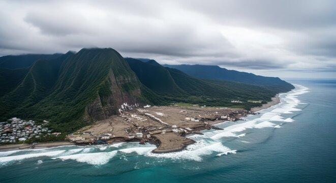 Devastated Coastal Town and Mountain After Massive Landslide and Natural Disaster