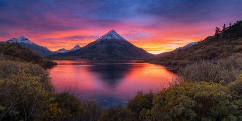 Fototapeta premium Dramatic Sunset Over Snow-Capped Mountains Reflected in Calm Lake
